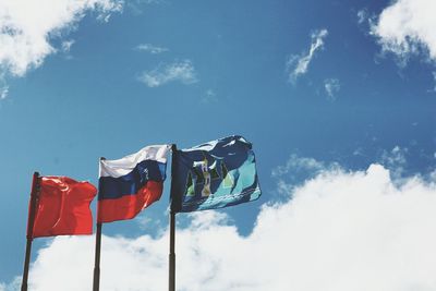 Low angle view of russian flag against sky