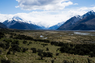 Scenic view of snowcapped mountains against sky