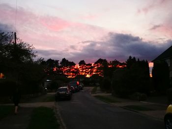 Cars on road by trees against sky during sunset