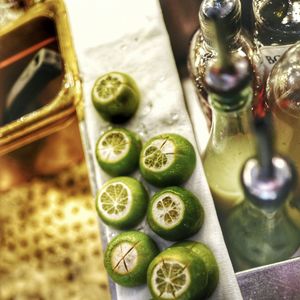 High angle view of bottles on table