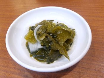 High angle view of soup in bowl on table