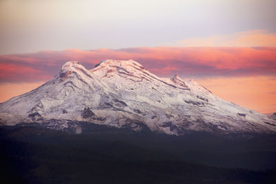 Scenic view of snowcapped mountains against sky during sunset