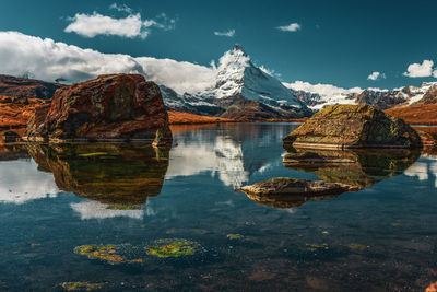 Scenic view of lake by snowcapped mountains against sky