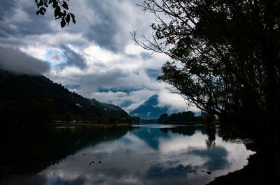 Scenic view of lake by trees against sky