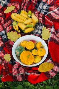 High angle view of fruits in bowl on table