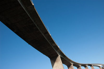 Low angle view of bridge against clear blue sky