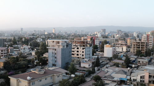 High angle view of townscape against clear sky