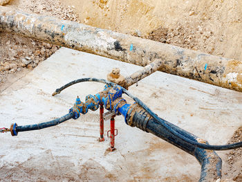 Pipeline with valves connect pump used to transfer water at public utility. town water supply system