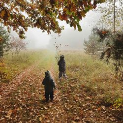 Rear view of people walking on field during autumn