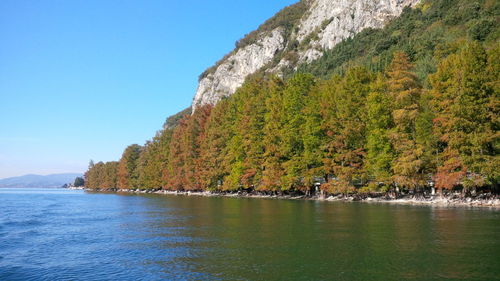 Scenic view of river and mountains against sky