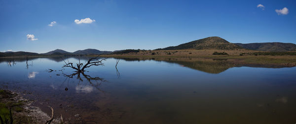 Scenic view of lake against blue sky