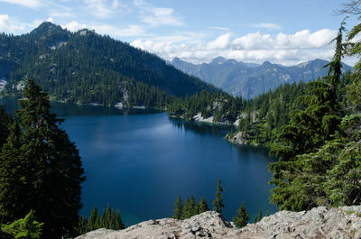 Scenic view of lake and mountains against sky