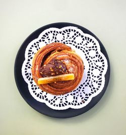 Directly above view of breakfast served on table
