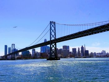 View of suspension bridge with city in background