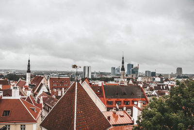 High angle view of buildings in city against sky