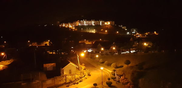 High angle view of illuminated city at night