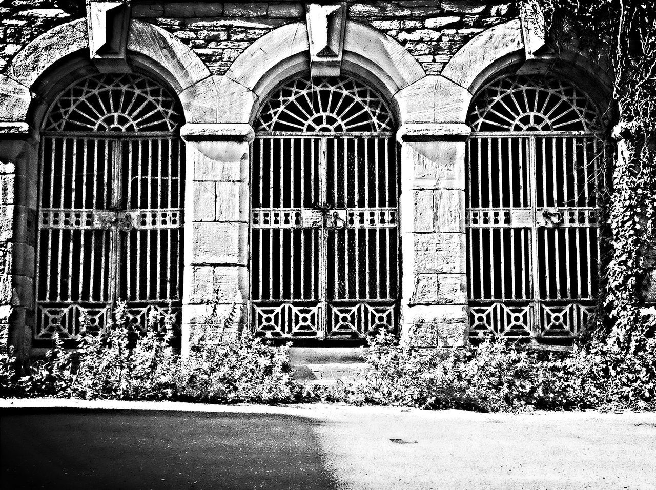 architecture, built structure, window, building exterior, closed, door, entrance, arch, house, gate, facade, safety, day, no people, protection, outdoors, security, plant, wall, repetition