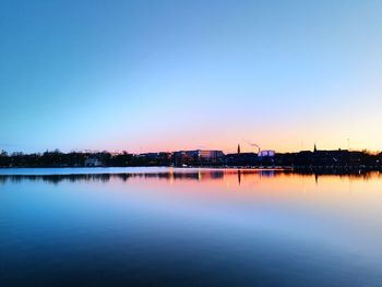 Scenic view of lake against clear sky during sunset