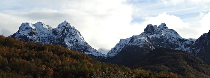 Panoramic view of snowcapped mountains against sky