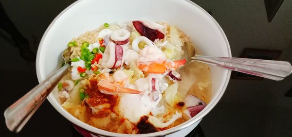 High angle view of food in bowl on table