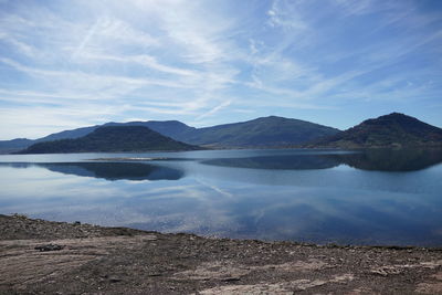 Scenic view of lake by mountains against sky