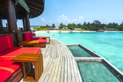 Restaurant floating on sea against sky
