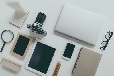 High angle view of objects on table