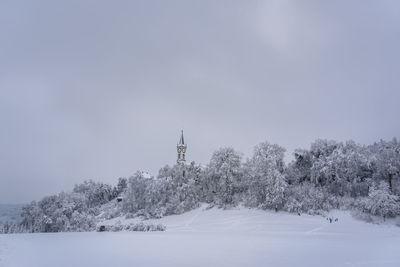 Trees on snow covered field against sky