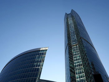 Low angle view of skyscrapers against clear sky