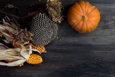 High angle view of pumpkins on table