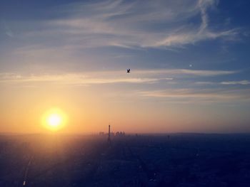 Silhouette bird flying above cityscape at sunset