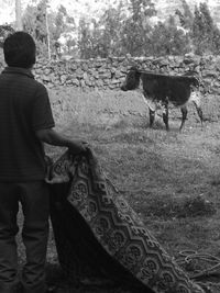 Rear view of woman standing against trees