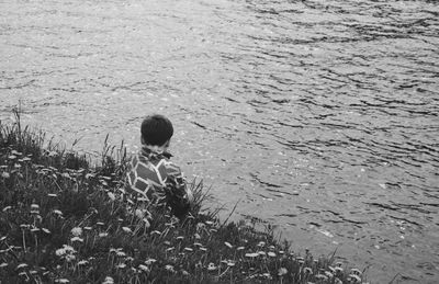 High angle view of girl on shore