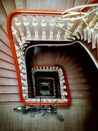 High angle view of bicycle parked at steps