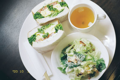 High angle view of breakfast served on table