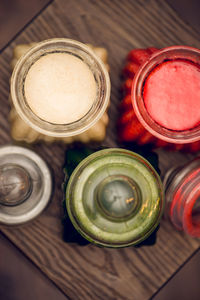 High angle view of glasses on table