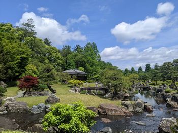 Scenic view of river amidst trees against sky