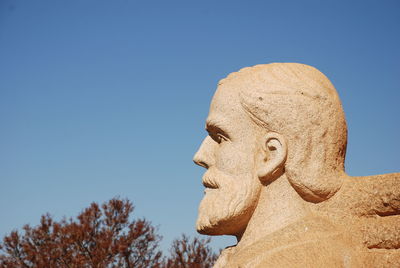 Low angle view of statue against clear blue sky