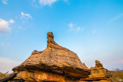 Low angle view of rock formation against sky