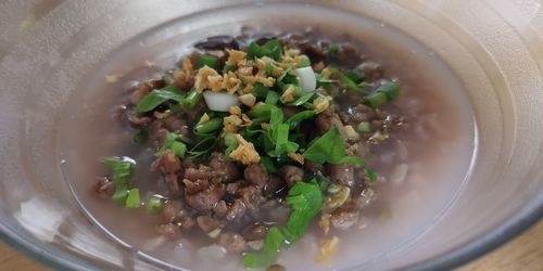 High angle view of soup in bowl