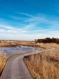 Empty road amidst field against sky
