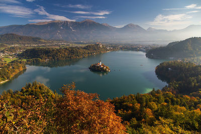 Scenic view of lake and mountains against sky