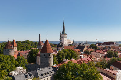 High angle view of buildings in city against clear sky