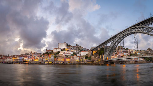 Bridge over river amidst buildings in city against sky