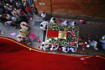 High angle view of christmas decoration on table