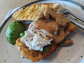 High angle view of breakfast served in plate