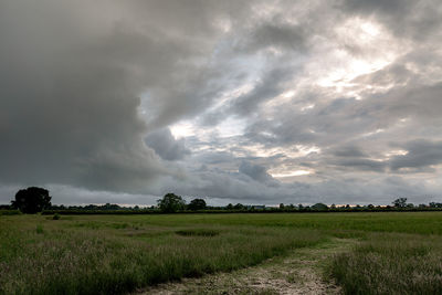 Scenic view of field against cloudy sky