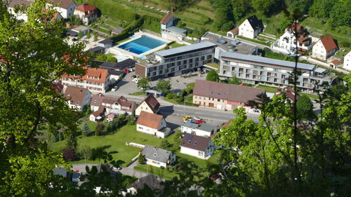 High angle view of houses in town