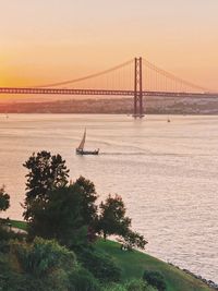 View of suspension bridge over river