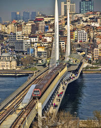 High angle view of river amidst buildings in city